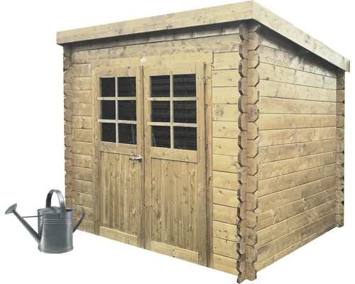 Houten tuinhuis met dubbele deur en gieter