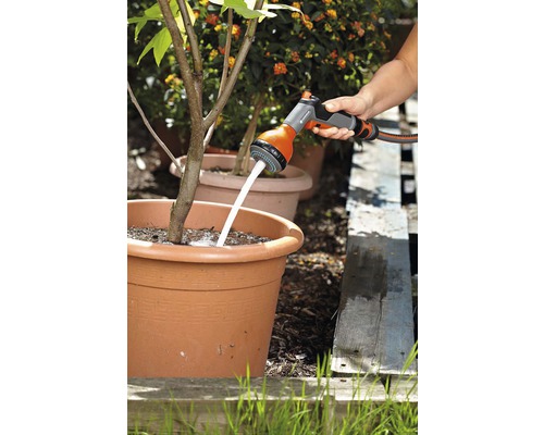 Tuinbesproeiing met een broes op een plant in een pot