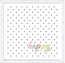 Decoratieve fotolijst met stippenpatroon en het opschrift Happy