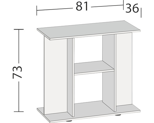 Schets van een plank met de afmetingen 81 x 36 x 73 centimeter