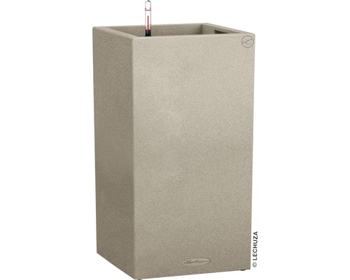LECHUZA All-in-One Set Plantenbak Stone Canto Kunststof beige 30x30x56 cm Hoge, vierkante plantenbak met irrigatiesysteem