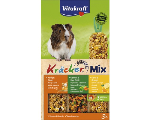 VITAKRAFT Caviavoer combi kracker 3 st, 164 gr Vitakraft Kräcker Mix voor knaagdieren met honing, spelt, groenten, rode biet, citroen en sinaasappel