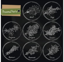 Tekeningen van Provençaalse kruiden zoals basilicum, salie, marjolein, oregano, bonenkruid, rozemarijn, pepermunt en tijm