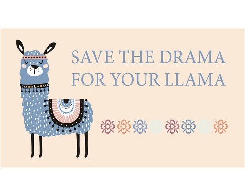 Afbeelding met de tekst ''Save the Drama for your Llama'' en een gestileerde lama
