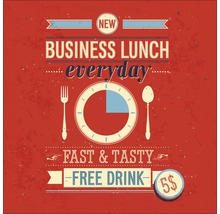 Advertentie voor een dagelijkse zakenlunch met klok, vork en lepel