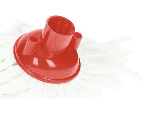 Detailopname van een dweilkop met rode kunststof houder en witte franjes