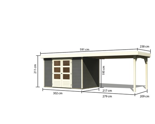 Afbeelding van een tuinhuis met carport en afmetingen
