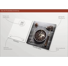 Glasfoto met koffiemotief, inclusief ophangsysteem en afstandhouders.