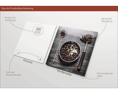 Glasfoto met koffiemotief, inclusief ophangsysteem en afstandhouders.