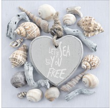 Hartvormige decoratie met het opschrift ''Let the Sea set you free'', omgeven door schelpen en drijfhout.