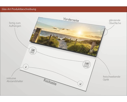 Glasfoto productbeschrijving met strandmotief, inclusief afstandhouders, klaar om op te hangen en met een glanzend oppervlak