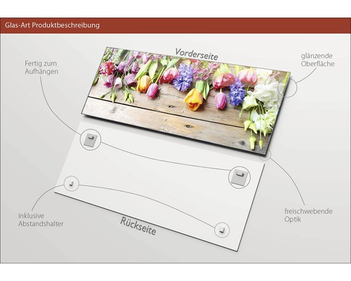 Glasfoto met bloemenmotief, inclusief ophangsysteem en afstandhouders