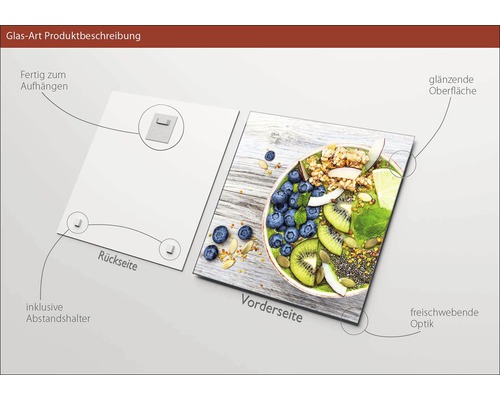 "Glazen foto met afbeelding van een kom met kiwi, bosbessen, kokosnoot en muesli