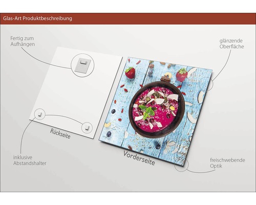Glasfoto met afbeelding van een smoothiebowl, inclusief ophanging en afstandhouder