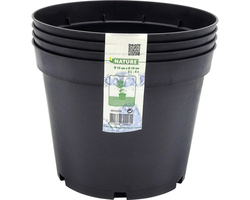 Vier zwarte kunststof bloempotten, hoogte 15 cm, diameter 19 cm