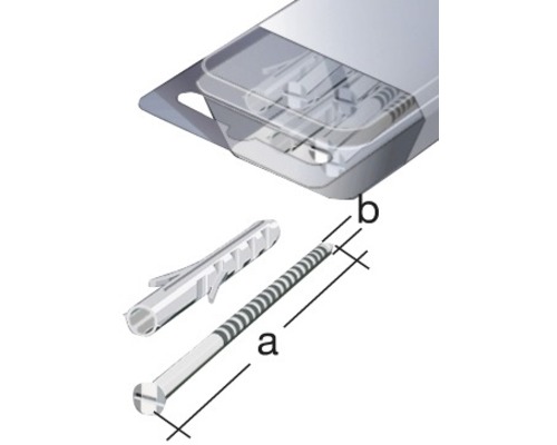 Afbeelding van een plug met schroef en maataanduidingen in verpakking