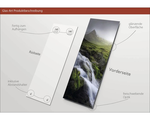Glazen foto met berglandschap, inclusief muurbeugel, geschikt voor wandmontage