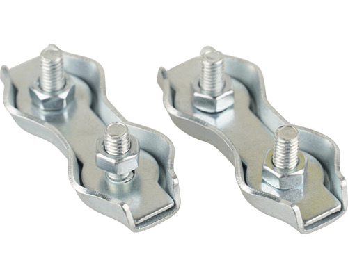 Twee metalen bevestigingsklemmen met schroeven en moeren