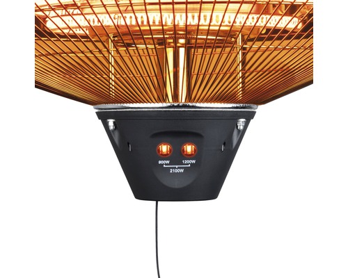 Close-up van een terrasverwarmer met verschillende vermogensstanden