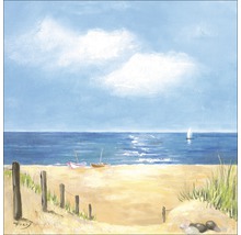 Schilderij van een strandscène met boten en zeilboot