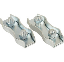 Twee draadklemmen van metaal met schroeven voor het bevestigen van staalkabels