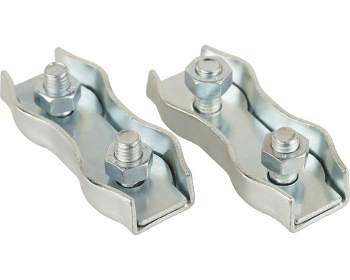 Twee draadklemmen van metaal met schroeven voor het bevestigen van staalkabels