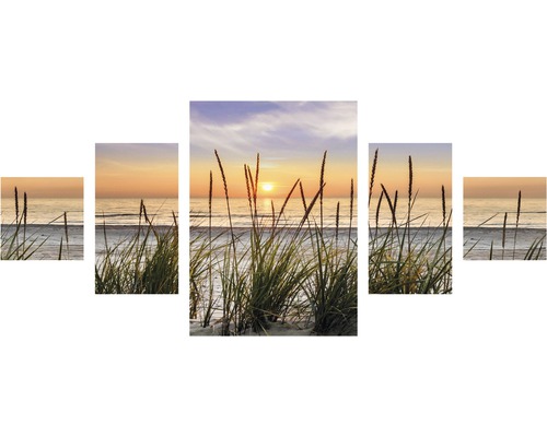 Meerluik wanddecoratie met strandmotief en grassen op de voorgrond