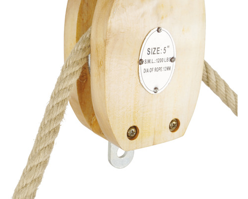 Houten katrol met touw, grootte 5 inch, veilige werkbelasting 1200 pond, touwdiameter 12 millimeter