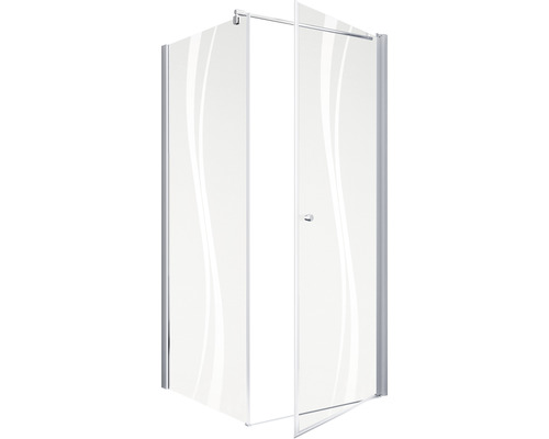 Hoekdouche met glazen deuren en een golfvormig design