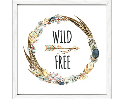 Ingelijste afbeelding met veren, pijl en de tekst Wild Free