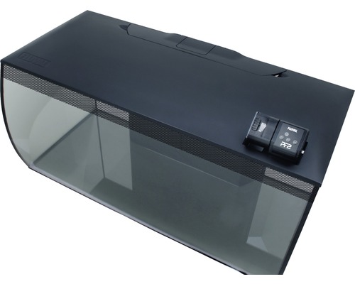 Zwart aquarium met voederautomaat