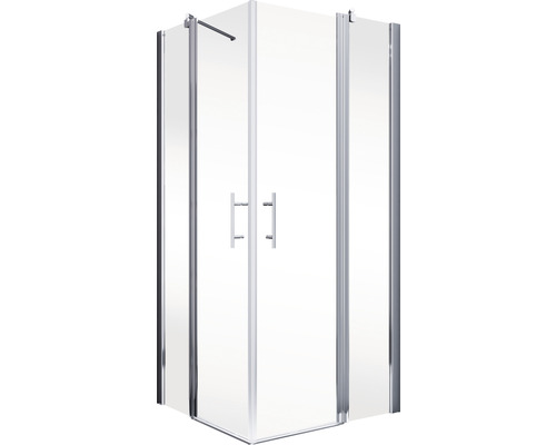 Hoekdouche met heldere glazen deuren en metalen frame