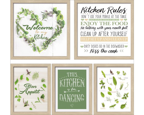 PURE LIVING Schilderij met lijst Green kitchen set van 5 stuks