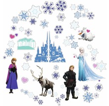 Muursticker met motieven uit de film Frozen, waaronder Anna, Elsa, Kristoff, rendier Sven, sneeuwpop Olaf, het kasteel en sneeuwvlokken.