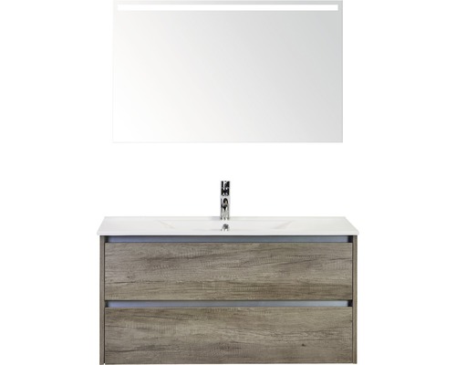 Badkamermeubelset Dante 100 cm keramische wastafel model 1 incl. spiegel met verlichting nebraska eiken