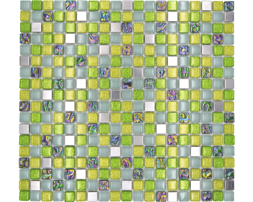 Mozaïektegel metaal glas Chrystal XCE 99 groen 30,5x32,2 cm Mozaïektegel met vierkante glas- en metalen elementen