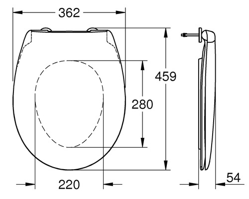Technische tekening van een toiletbril met maatvoering