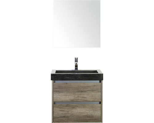 Badkamermeubelset Dante 60 cm natuurstenen wastafel incl. spiegelkast nebraska eiken