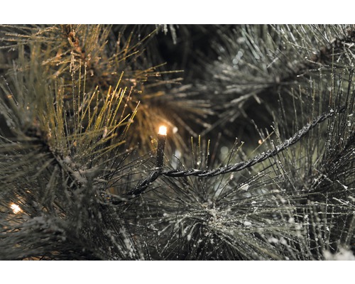 Detailopname van een kerstboom met decoratieve sneeuw en een lichtsnoer