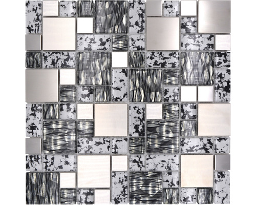 Mozaïektegel metaal glas Chrystal XCM MC629 zwart/zilver 30x30 cm Vierkante mozaïektegel met glas- en metaalelementen