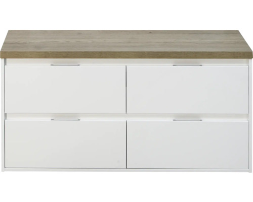 SANOX Badkamermeubelset Porto met wastafelblad 58x120,2x50 cm wit hoogglans Hangende onderkast met vier laden en een houten blad
