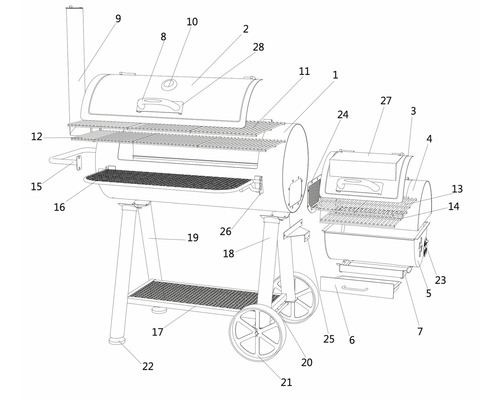 Explosietekening van een barbecue-rookgrill met genummerde onderdelen.