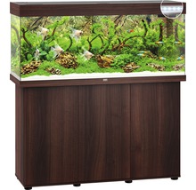 Aquarium met onderkast in houtlook, ingericht met vissen, planten en decoratie
