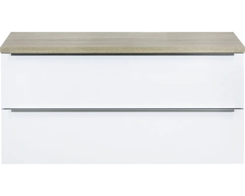 Badkamermeubel Pulse 120 cm 2 laden wit hoogglans incl. grijs eiken bovenblad