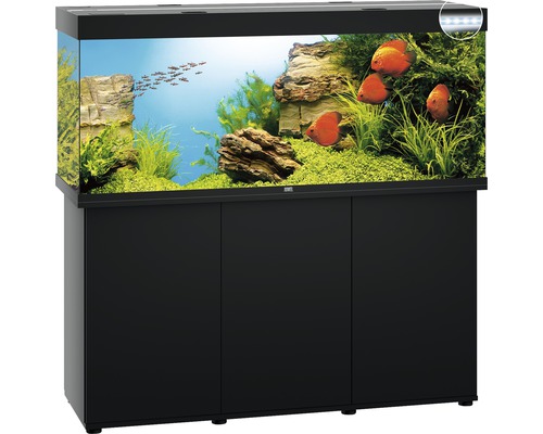 Zwart aquarium met vissen en onderkast