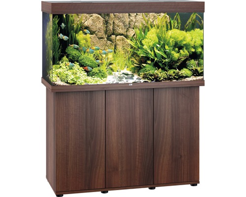 Aquarium met onderkast, gevuld met vissen, planten en stenen