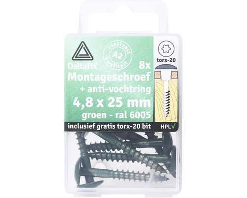 DELTAFIX Montageschroef voor HPL compactplaat 4,8x25 mm groen/RVS, 8 stuks Deltfix montageschroeven 4,8 x 25 millimeter, acht stuks, inclusief Torx 20 bit