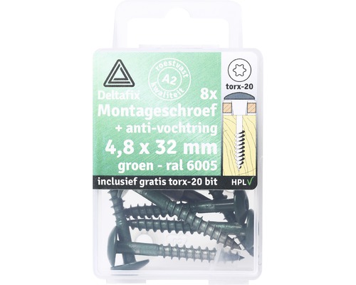 DELTAFIX Montageschroef voor HPL compactplaat 4,8x32 mm groen/RVS, 8 stuks Deltafix montageschroeven 4,8 x 32 millimeter, acht stuks, inclusief Torx 20 bit