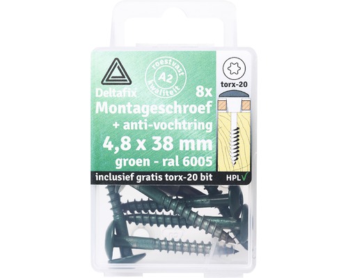 DELTAFIX Montageschroef voor HPL compactplaat 4,8x38 mm groen/RVS, 8 stuks Deltafix montageschroeven, 4,8 x 38 millimeter, groen, inclusief Torx 20 bit