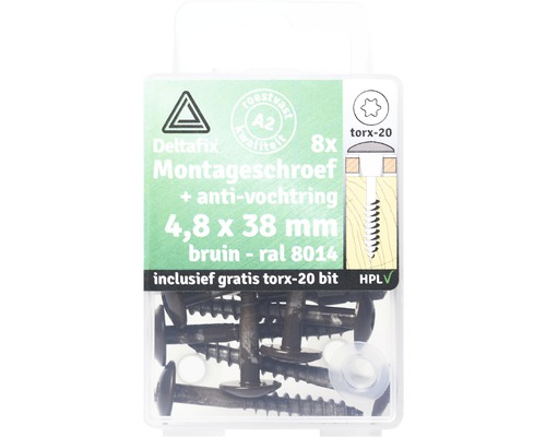 DELTAFIX Montageschroef voor HPL compactplaat 4,8x38 mm bruin/RVS, 8 stuks